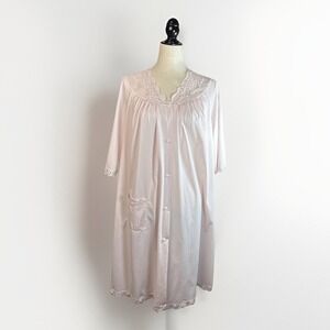 Vintage Shadowline Nylon Nightgown L Light Pink Embroidered Lace Midi Silky